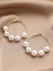 1對新款歐美時尚誇張幾何風格女款高級珍珠金屬圈形耳環復古串珠圓形耳環 - 5顆珍珠 - 查看 4
