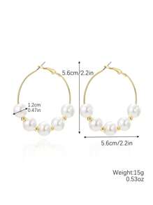 1對新款歐美時尚誇張幾何風格女款高級珍珠金屬圈形耳環復古串珠圓形耳環 - 5顆珍珠 - 查看 6
