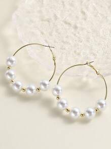 1對新款歐美時尚誇張幾何風格女款高級珍珠金屬圈形耳環復古串珠圓形耳環 - 5顆珍珠 - 查看 5