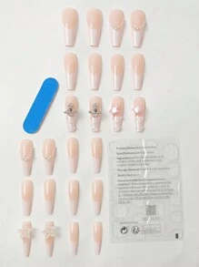 Get Glamorous With 24 Pcs Long Coffin Cute Elegance Heart-Shaped Faux Pearls, 3D Stars, White French Full Cover Fake Nail,Gift For Women Mom Wife Sister Teen Girl Friend,Valentine's Day,Thanksgiving,Cosplay,Travel,Party,Christmas,Suit For Spring, Summer, Fall,Winter, Suit For Hands & 1pc Nail File & 1sheet Nail Jelly Glue - Multicolor - View 2