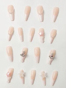 Get Glamorous With 24 Pcs Long Coffin Cute Elegance Heart-Shaped Faux Pearls, 3D Stars, White French Full Cover Fake Nail,Gift For Women Mom Wife Sister Teen Girl Friend,Valentine's Day,Thanksgiving,Cosplay,Travel,Party,Christmas,Suit For Spring, Summer, Fall,Winter, Suit For Hands & 1pc Nail File & 1sheet Nail Jelly Glue - Multicolor - View 3