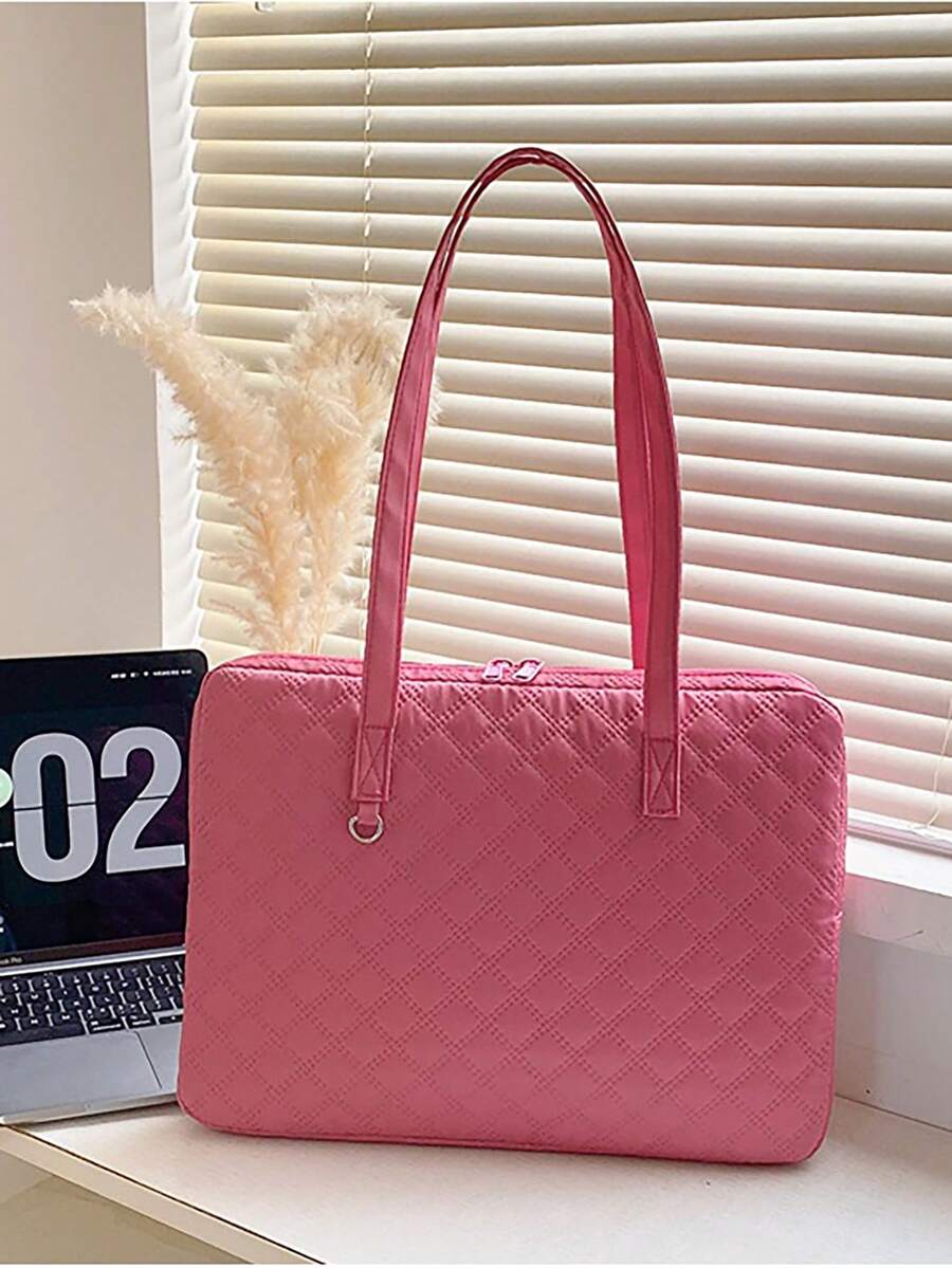 1pc Fashionable Rhombus Pattern Laptop Shoulder Bag For Girls - Hot Pink - View 1
