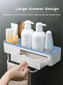 1pc Blue Bathroom Wall-Mounted Storage Rack With No Drilling, Including Toiletries Organizer, Towel Hanger, Suction Cup Storage Basket - Blue - View 4