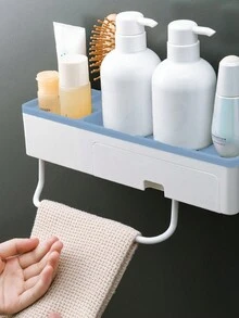 1pc Blue Bathroom Wall-Mounted Storage Rack With No Drilling, Including Toiletries Organizer, Towel Hanger, Suction Cup Storage Basket - Blue - View 3