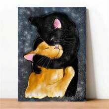 1入組壁畫帆布畫《抱抱貓》,黑色和橙色貓,貓藝術印花,兩隻貓的裝飾,貓的愛,貓主人禮物印刷畫不帶相框 - 黑色 - 查看 3