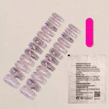 YADORNOS 24入組粉色鑽石裝飾胶片假指甲,長棺材形狀閃光假指甲套裝,配有果凍膠和指甲文件,適用於購物,旅行,情人節,約會的女性和女孩 - 粉色 - 查看 5