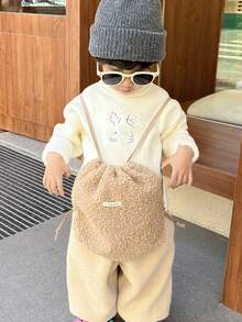 Kids' Shearling Drawstring Backpack, Solid Color Cinch Bag, Casual Ins Style Schoolbag For Autumn/Winter - Khaki - View 7