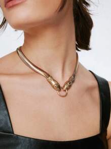 1pc Elegant Alloy Flat Snake Chain Necklace With Vintage Luxury Style For Daily Wear - Yellow Gold - View 1