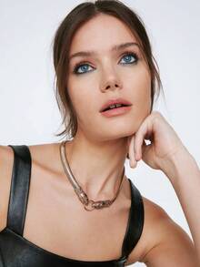 1pc Elegant Alloy Flat Snake Chain Necklace With Vintage Luxury Style For Daily Wear - Yellow Gold - View 3