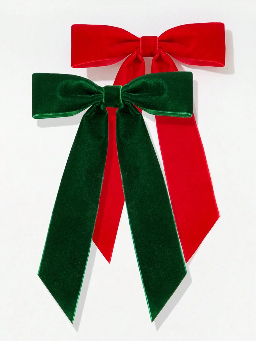 2入組毛絨單層蝴蝶髮夾,適合聖誕派對,以紅色/綠色蝴蝶結作為禮物 - 彩色 - 查看 1