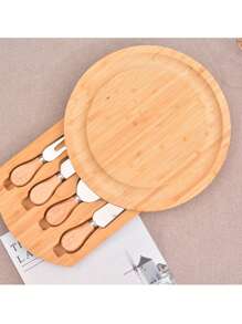 1pc Cheese Board Set With Cheese Knives & Forks, Bamboo Cheese Board Set With Drawer, Wooden Serving Platter For Cheese, Pizza, Bread, Snacks, Desserts & Party Food, Round Chopping Board For Kitchen, 2pcs Dinner Plate Sets, Bamboo Cheese Board Set, Unique Gift For Mother's Day, Housewarming, Wedding & Bridal Shower - Apricot - View 5