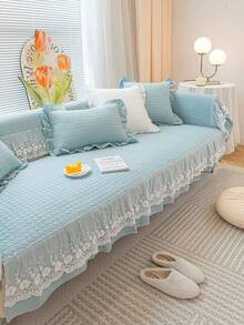 1pc Solid Color Quilted Anti-Slip Sofa Cushion With Lace Decor Simple European Style Couch Seat Cover, Universal Home Use - Blue - View 5