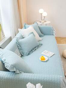 1pc Solid Color Quilted Anti-Slip Sofa Cushion With Lace Decor Simple European Style Couch Seat Cover, Universal Home Use - Blue - View 4