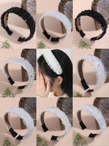 1頂女性簡約時尚寬鬆的髮箍,採用網狀和閃亮的材料製成,防滑,適用於日常和派對場合。 - 白色 - 查看 1