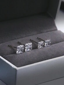 1pair High Sense Of Design Square Cubic Zirconia Stud Earrings In S999 Sterling Silver, Ideal For Daily Wear - A Pair - View 3
