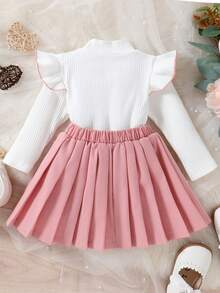 2pcs/Set Adorable Baby Girls' Lovely And Elegant Ruffle Hem Top & Pleated Skirt Set With Bow Perfect For Daily, Vacation And Parties - Multicolor - View 9