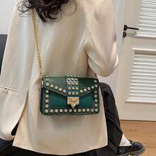 時尚鉚釘個性鑽石時尚鏈斜背包,哥德式小方包,適合大學生、女士、女孩、女士晚餐、約會、通勤、購物 - 綠色 - 查看 12