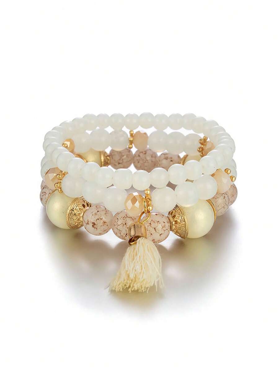 3入組波西米亞風格吊墜與流蘇裝飾手工彈性珠子手鐲飾品 - 白色 - 查看 1