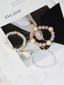 3入組波西米亞風格吊墜與流蘇裝飾手工彈性珠子手鐲飾品 - 白色 - 查看 3