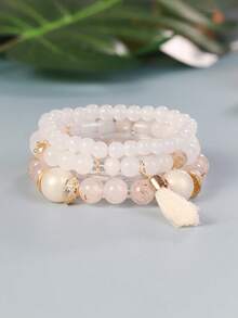 3入組波西米亞風格吊墜與流蘇裝飾手工彈性珠子手鐲飾品 - 白色 - 查看 2