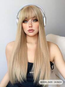 1入組合成纖維耐熱直髮短齊瀏海假髮-金色24英寸全機編織日常自然逼真假髮 - 金色 - 查看 2