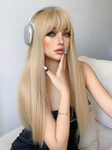 1入組合成纖維耐熱直髮短齊瀏海假髮-金色24英寸全機編織日常自然逼真假髮 - 金色 - 查看 1