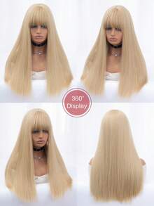 1入組合成纖維耐熱直髮短齊瀏海假髮-金色24英寸全機編織日常自然逼真假髮 - 金色 - 查看 8
