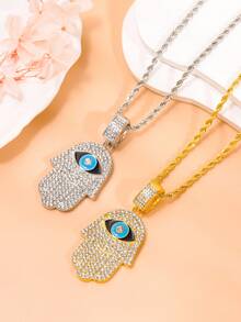 1pc Eye Design Big Hand & Rhinestone Inlaid Necklace, Artistic Vintage Style Clavicle Chain - Yellow Gold - View 1