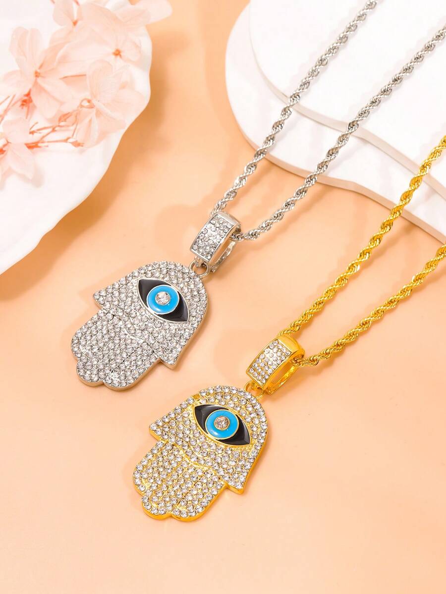 1pc Eye Design Big Hand & Rhinestone Inlaid Necklace, Artistic Vintage Style Clavicle Chain - Yellow Gold - View 1