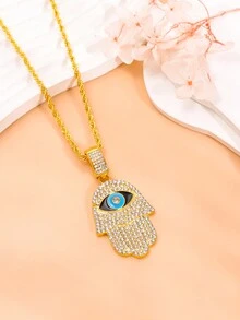 1pc Eye Design Big Hand & Rhinestone Inlaid Necklace, Artistic Vintage Style Clavicle Chain - Yellow Gold - View 4