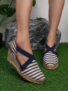 Suomihu 2024 New Arrival Women Espadrilles With Platform And Wedge Heel For Vacation, Solid Blue/Navy Blue Stripe & Woven Raffia Bottom Fisherman Sandals - Royal Blue - View 2