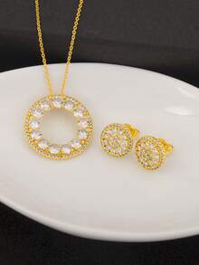 ouchuang 1套情人節18k金鍍白色鋯石耳針和項鍊套裝,女性迷人的珠寶禮物,適用於約會之夜 - 金黃色 - 查看 2