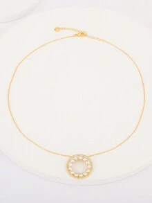 ouchuang 1套情人節18k金鍍白色鋯石耳針和項鍊套裝,女性迷人的珠寶禮物,適用於約會之夜 - 金黃色 - 查看 11