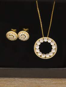 ouchuang 1套情人節18k金鍍白色鋯石耳針和項鍊套裝,女性迷人的珠寶禮物,適用於約會之夜 - 金黃色 - 查看 3