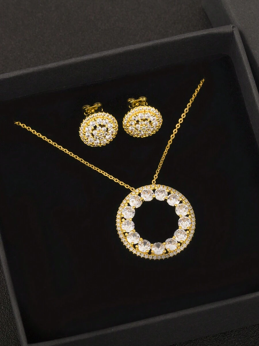 ouchuang 1套情人節18k金鍍白色鋯石耳針和項鍊套裝,女性迷人的珠寶禮物,適用於約會之夜 - 金黃色 - 查看 1