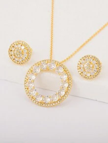 ouchuang 1套情人節18k金鍍白色鋯石耳針和項鍊套裝,女性迷人的珠寶禮物,適用於約會之夜 - 金黃色 - 查看 4