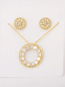 ouchuang 1套情人節18k金鍍白色鋯石耳針和項鍊套裝,女性迷人的珠寶禮物,適用於約會之夜 - 金黃色 - 查看 7