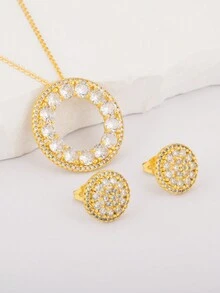 ouchuang 1套情人節18k金鍍白色鋯石耳針和項鍊套裝,女性迷人的珠寶禮物,適用於約會之夜 - 金黃色 - 查看 6