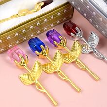 Purple Flower Crystal Glass Rose With Gold Stem - Valentine's Day Gift - Goldenrod Purple Flower - View 5