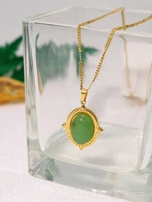 1pc Vintage Oval Shaped Natural Stone Inlaid Titanium Steel Pendant Necklace 18k Plated Choker Chain - Multicolor - View 5