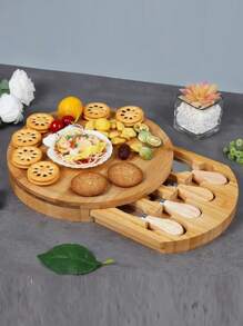1pc Cheese Board Set With Cheese Knives & Forks, Bamboo Cheese Board Set With Drawer, Wooden Serving Platter For Cheese, Pizza, Bread, Snacks, Desserts & Party Food, Round Chopping Board For Kitchen, 2pcs Dinner Plate Sets, Bamboo Cheese Board Set, Unique Gift For Mother's Day, Housewarming, Wedding & Bridal Shower - Apricot - View 1