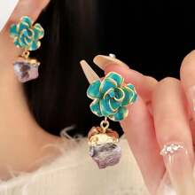 1 对银针不对称油滴玫瑰花耳环，奢华时尚紫水晶耳坠，高端感性礼物 - 彩色 - 查看 1