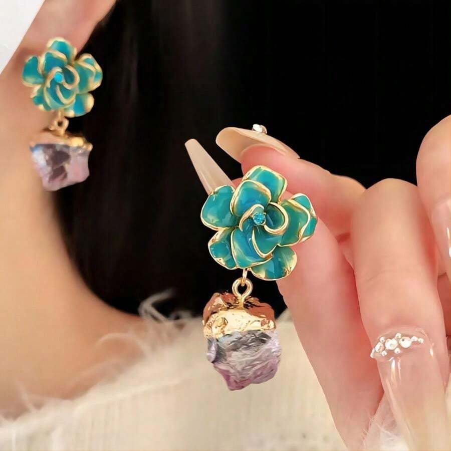 1 对银针不对称油滴玫瑰花耳环，奢华时尚紫水晶耳坠，高端感性礼物 - 彩色 - 查看 1