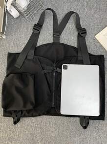 1入組工作服風格背心背包街頭迷戀者背包休閒胸包男女適用,尼龍胸掛袋情人節禮物尾包腰包黑色背心袋情人節禮物男士 - 黑色 - 查看 8