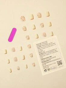 24入組中等大小方形黃色花卉圖案亮片假指甲及1入組指甲檔及1片膠帶壓著假指甲，指甲用品提升您的造型 - 彩色 - 查看 2