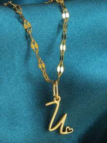 1pc Simple Stainless Steel 26 English Alphabet Pendant Necklace, Ideal Gift For Friends - Yellow Gold - View 9