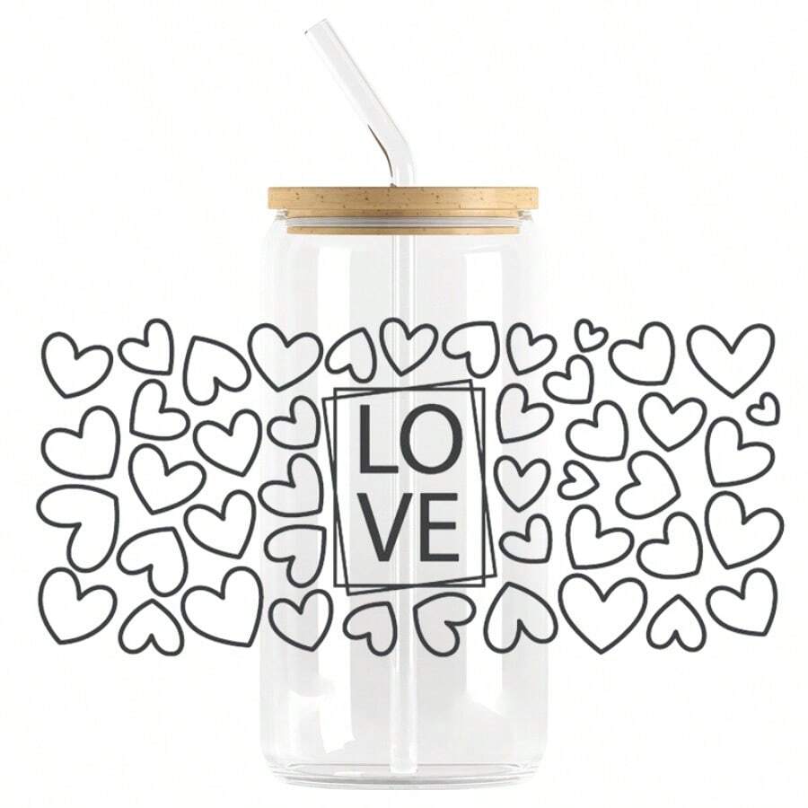 1 件可愛心形設計 Uv Dtf 杯套適用於 16 盎司玻璃杯,uv Dtf 杯套,玻璃杯杯套,杯子套,杯子玻璃貼紙,杯子貼花杯防水貼紙 Uv 轉印貼紙 - 黑與白 - 查看 1