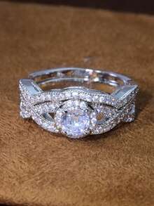 2pcs Rhinestone Wedding Lover Rings - Silver - View 2