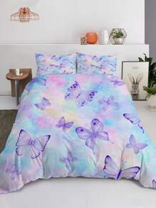 3入組紫色蝴蝶絨布無芯羽絨被套套裝（1 * 羽絨被套 + 2 * 枕套）,藍紫色水彩蝴蝶床上四件套,適用於女孩和青少年寢具裝飾 - 彩色 - 查看 1