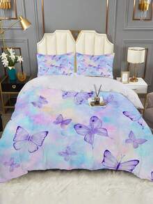 3入組紫色蝴蝶絨布無芯羽絨被套套裝（1 * 羽絨被套 + 2 * 枕套）,藍紫色水彩蝴蝶床上四件套,適用於女孩和青少年寢具裝飾 - 彩色 - 查看 4